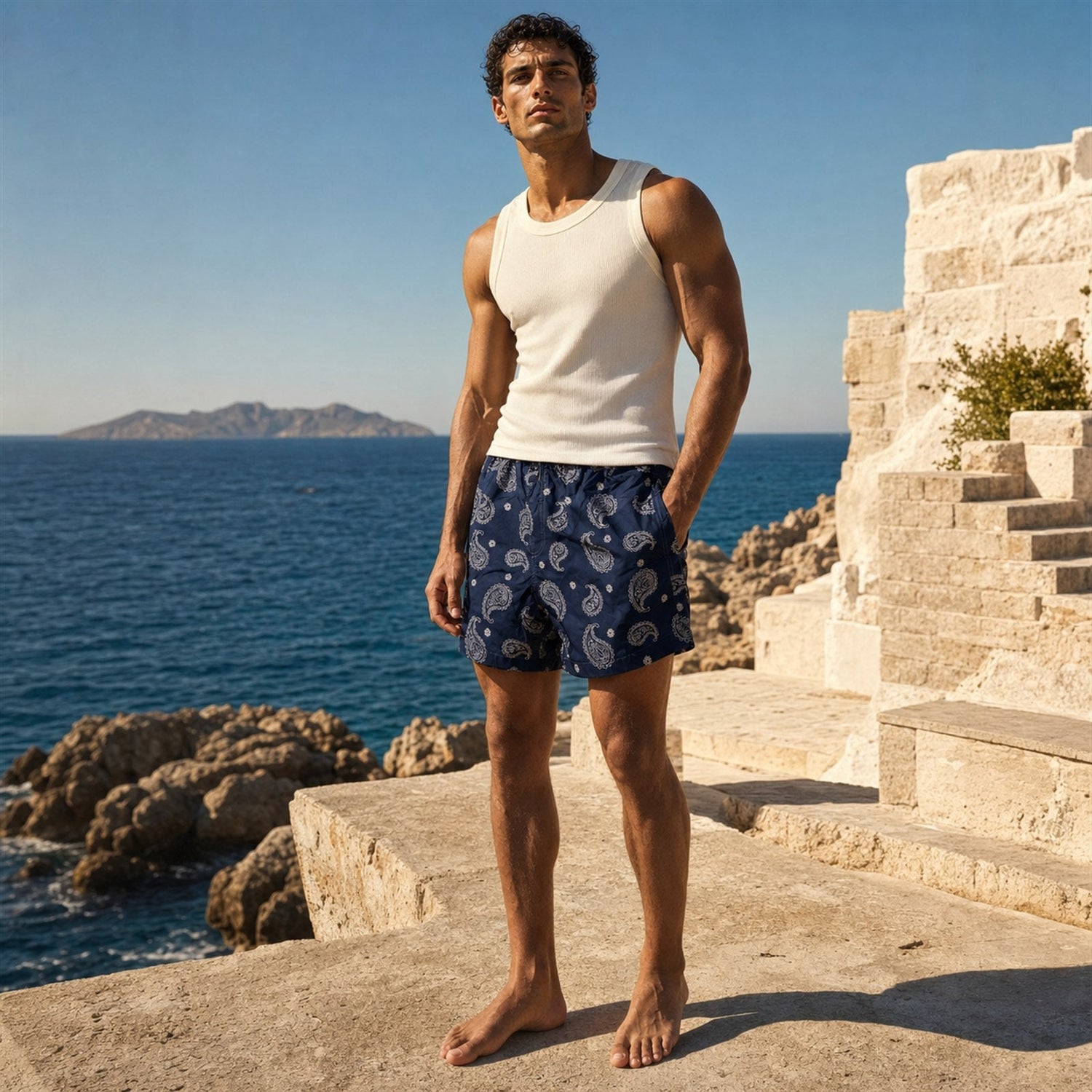 ZEUS model wearing a ribbed tank and navy paisley swim shorts on the Mediterranean coast