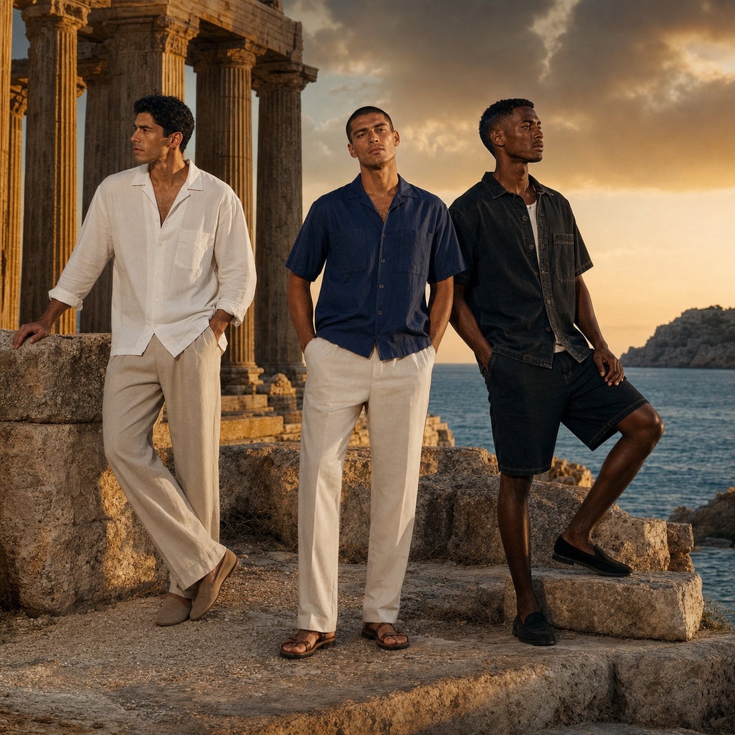 Three men wearing ZEUS-inspired summer looks at Mediterranean Greek ruins