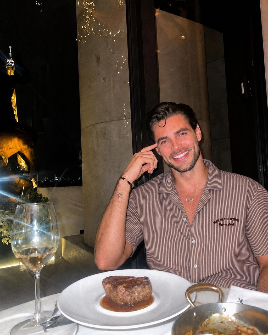 Santorini Rose Striped Resort Shirt seated lifestyle view