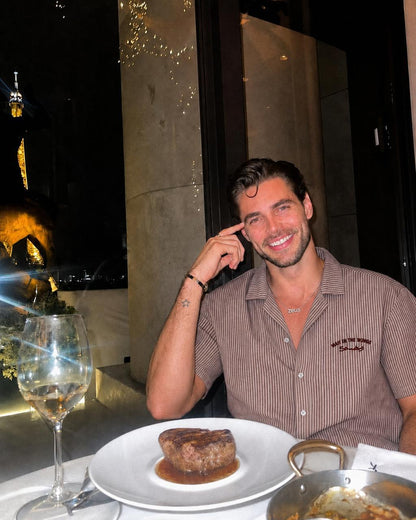 Santorini Rose Striped Resort Shirt seated lifestyle view